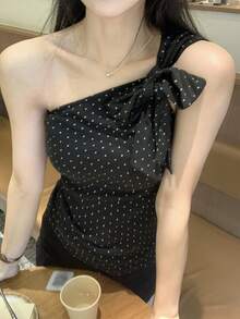 DAZY 女士波点单肩短袖T恤，时尚假日风，休闲韩式街头时尚，春夏款 - 黑色 - 查看 7