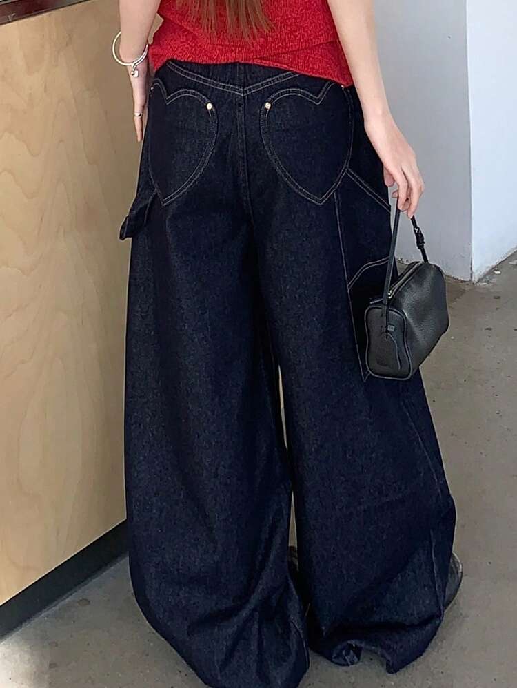 Women's Retro Korean Style Casual Large Pocket Street Korean Denim Jeans