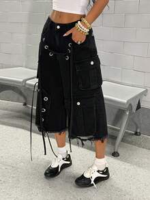 StreetHx 女士休闲十字绣工装牛仔裤，夏季 - 黑色 - 查看 5