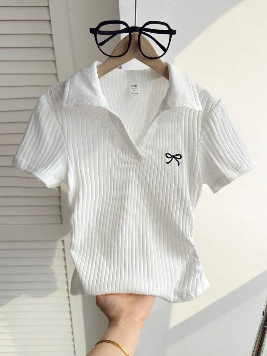 少女春夏纯色休闲优雅蝴蝶结刺绣V领修身侧褶短袖弹力罗纹针织Polo衫，白色 - 白色 - 查看 1