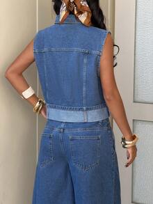 StreetHx 女士时尚休闲可折叠牛仔背心、夹克和外套 - 中等水洗藍 - 查看 2