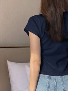 DAZY Camiseta de manga corta de mujer de cuello redondo de unicolor básica blanca, para primavera/verano, estilo casual empresarial - Azul Marino - Ver 2