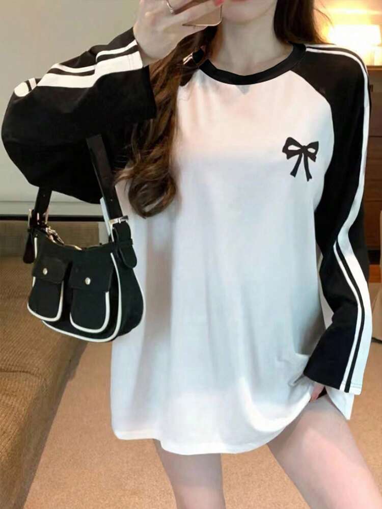 Contrast Raglan Sleeve Bow Pattern Tee,Fall Clothes Long Sleeve Women Tops