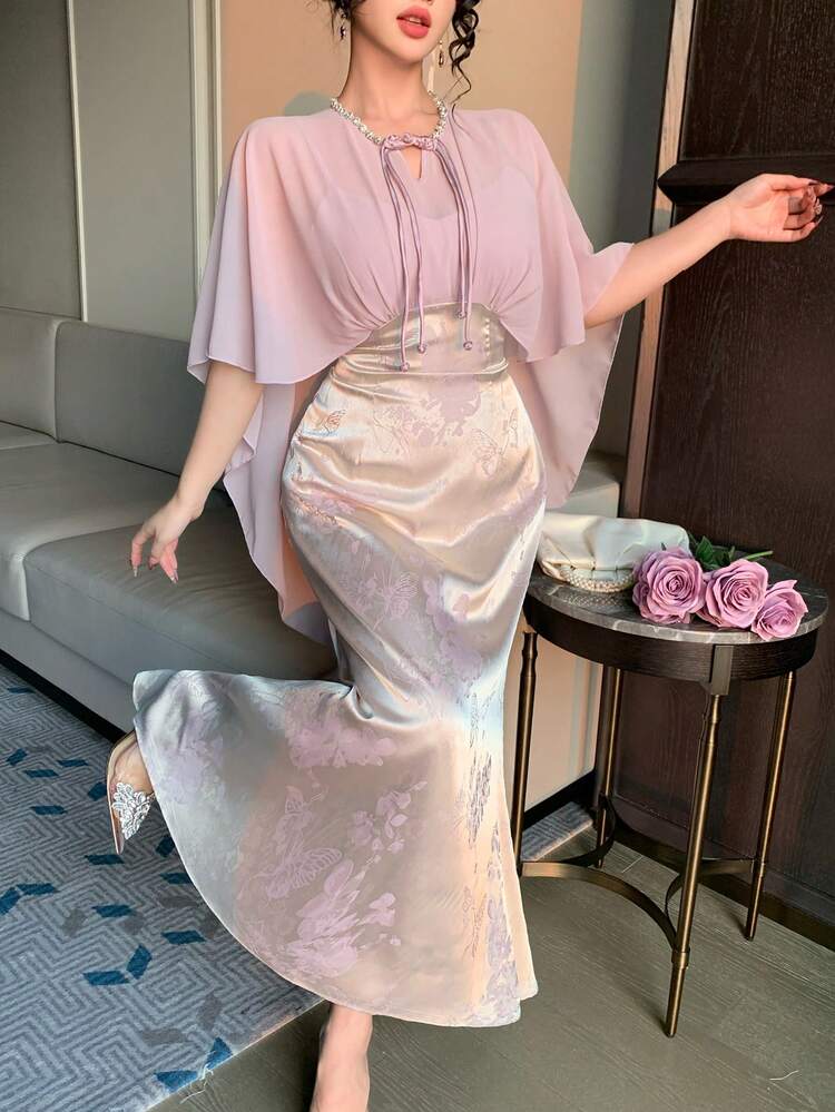 Women's Elegant Contrast Color Patchwork Ruffle Sleeve Chinese Style Mid-Length Dress, Summer Wedding Guest Dress Easter Sundress