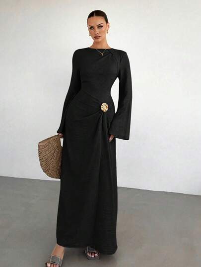 Siren Gaze Women's Solid Color Twist Detail Front Metal Buckle Decor Flare Long Sleeve Dress, Ladies' Wedding Guest Dress, Women's Winter Formal Dress