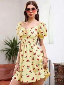 Breezaya Cherry Print Puff Sleeve Casual Summer Dress - Yellow - View 4