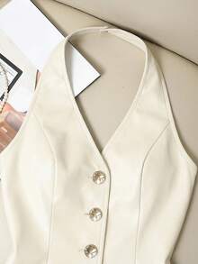 Franclia Áo tank top nữ màu đỏ rượu vang, cổ yếm, cài nút, màu trắng thanh lịch, áo tank top nữ màu trắng dành cho nữ - trắng - Xem 3