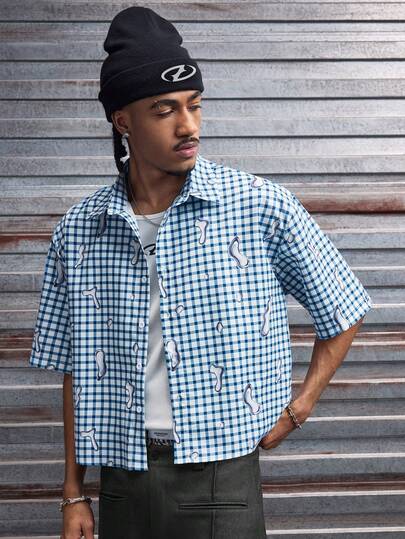 AXEPEAK Men's Loose Fit Letter & Plaid Print Short Sleeve Woven Shirt