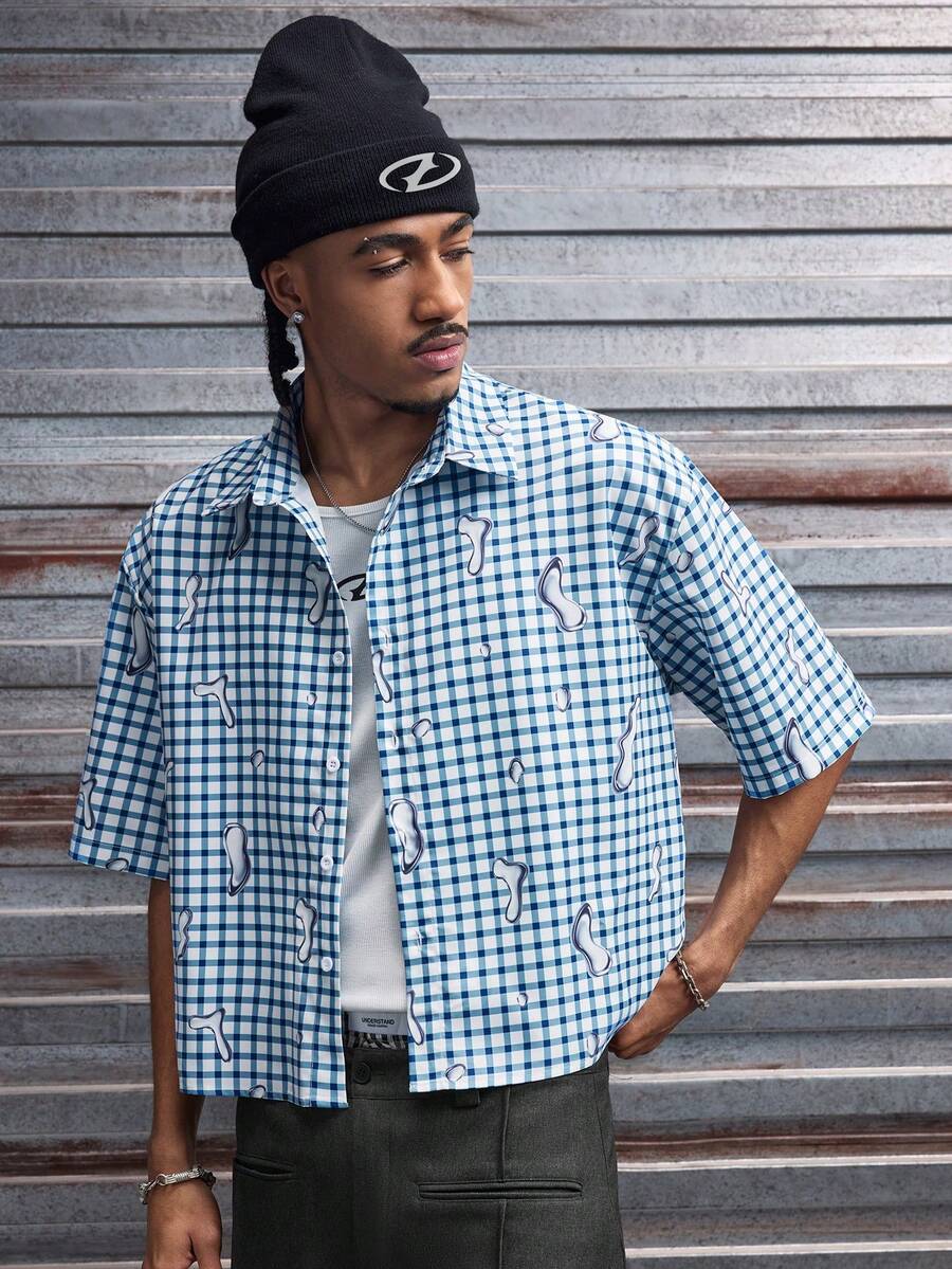 AXEPEAK 男士宽松字母格子印花短袖梭织衬衫 - 藍色 - 查看 1