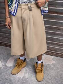 AXEPEAK 男士纯色褶皱阔腿宽松休闲短裤 - 卡其色 - 查看 7