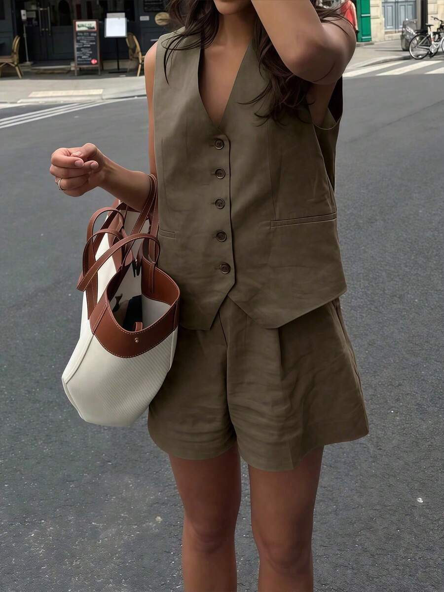 1 Bộ đồ vest và quần short đơn hàng rời màu trơn thoải mái cho nữ - màu nâu - Xem 1