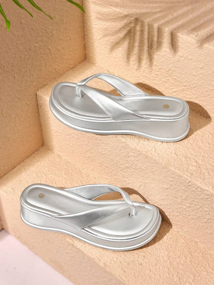 HighSole 厚底高跟人字拖女鞋 时尚新款夏季韩版夹趾凉鞋和拖鞋 - 銀色 - 查看 1