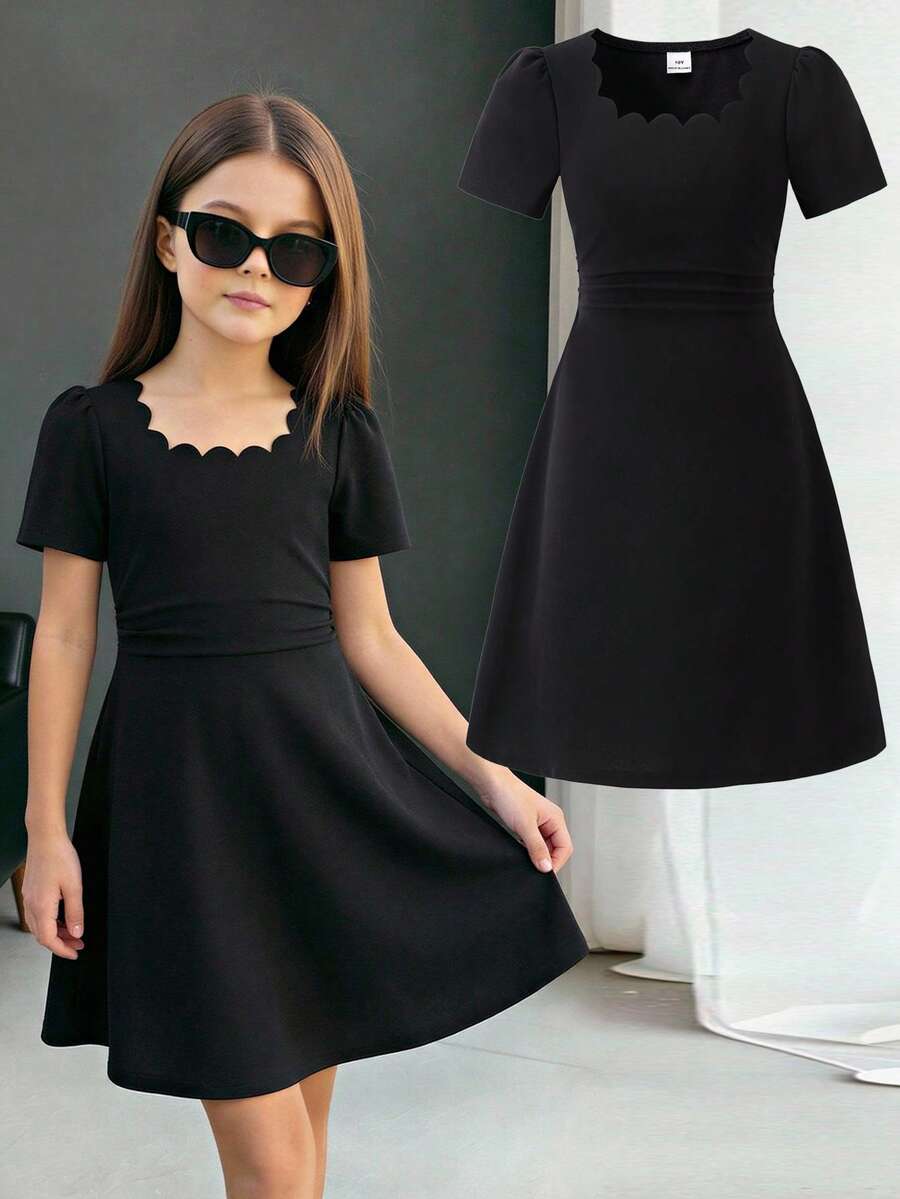 SHEIN Vestido de punto corto de manga corta con cuello ondulado y cintura ceñida para niñas preadolescentes, elegante para ir al trabajo y fiestas - Negro - Ver 1