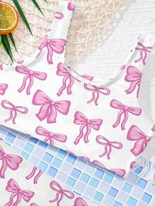 SHEIN Cute Ballet Style Pink Bow Print Pattern, Ins Vibe, Sisterly Matching Set, Young Girls Casual Minimalist Camisole & Triangle Bikini Swimsuit Set, Suitable For Summer, Playdate, Weekend Casual, Family Outing, Photoshoot Outfits, Tropical Print, Beach Vacation Photo Shoot Matching, Mommy And Me, First Beach Trip - Multicolor - View 7