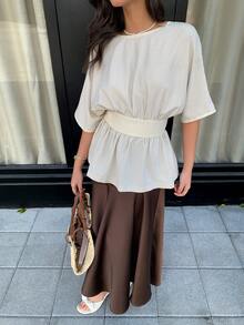 Seusyu Women's Striped Round Neck Batwing Short Sleeve Backless Tie Front Fashion Blouse - Apricot - View 3