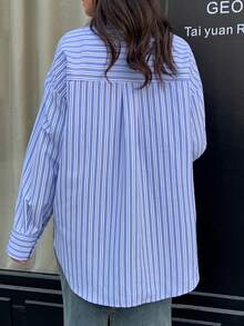 Veilorie Women's Fashion Casual Striped Button-Down Long Sleeve Shawl Collar Shirt - Blue and White - View 2