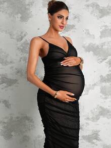 MaterniChic Black Maternity Dress,Summer Elegant Formal Evening Night Out Club Pregnant Clothes,V-Neck High-Elasticity Spaghetti Strap Comfortable Dress - Black - View 4