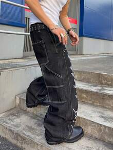 Manfinity EMRG Quần jeans ống đứng dáng rộng, thời trang, thoải mái với họa tiết thêu chữ kiểu Anh cổ điển và trang trí ngọc trai, phong cách đường phố đa năng. - màu đen - Xem 5