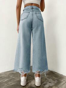 EURMUSE Jeans anchos casuales de algodón 100% con bolsillos rasgados en diagonal - Lavado ligero - Ver 2