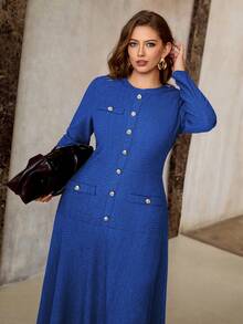 Roveilla 大码女式纹理面料弹力圆领金属纽扣腰部A字长袖连衣裙 - 寶藍色 - 查看 8