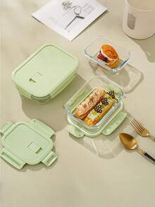 1pc Glass Meal Prep Containers, Transparent Microwave Rectangular Food Storage Boxes, Lunch Box For Office Workers, Home Use - Green - View 4