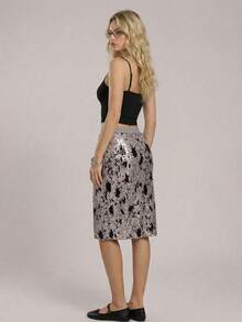 SHEIN Unity Spring Autumn Black And Silver Velvet Shiny Sequin Skirt,Adjustable Elastic Waist,Seksi Chic Night Out Elegant Party Office Business 90s Retro Skirt - Grey - View 8