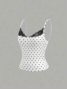 Sweetra 女士法式缎面波点蕾丝拼接修身吊带背心，夏季 - 白色 - 查看 4
