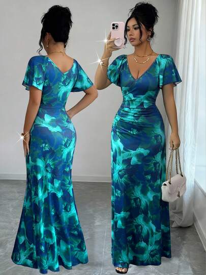 Elenzga Women's Elegant Floral Blue & Green Print V-Neck Ruched Ruffle Sleeve Waist Tie Casual Dress, Suitable For Daily Wear, Travel, Wedding, Holiday, Spring/Summer