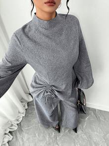 Elenzga 大码女士优雅灰色抽绳面料套装，露肩连衣裙，百搭款式，适合休闲、通勤、约会、派对、办公、毕业典礼、节日、情人节、音乐节、母亲节、万圣节、感恩节、复活节、国庆节、舞会、约会派对、婚礼季、户外活动等各种场合。 - 灰色 - 查看 2