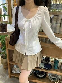 DAZY Women's Tie-Front Round Neck Long Sleeve Korean Style Blouse - White - View 4