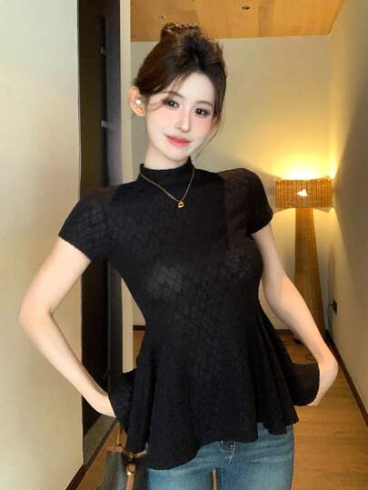 DAZY Women's Ruffled Collar Knit Short Sleeve T-Shirt, Casual Slim Fit Solid Color Top For Early Autumn