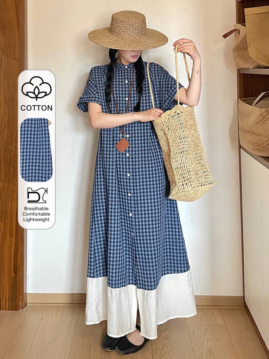 FRIFUL Women's Long Plaid Dress, Summer Vacation Country Style - Navy Blue - View 1