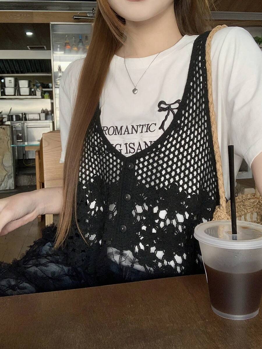 DAZY Women's Patchwork Bow Mesh Button V-Neck Sleeveless Mini Dress - Black - View 1