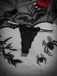 时尚蕾丝边珍珠腰带性感丁字裤 - 黑色 - 查看 2