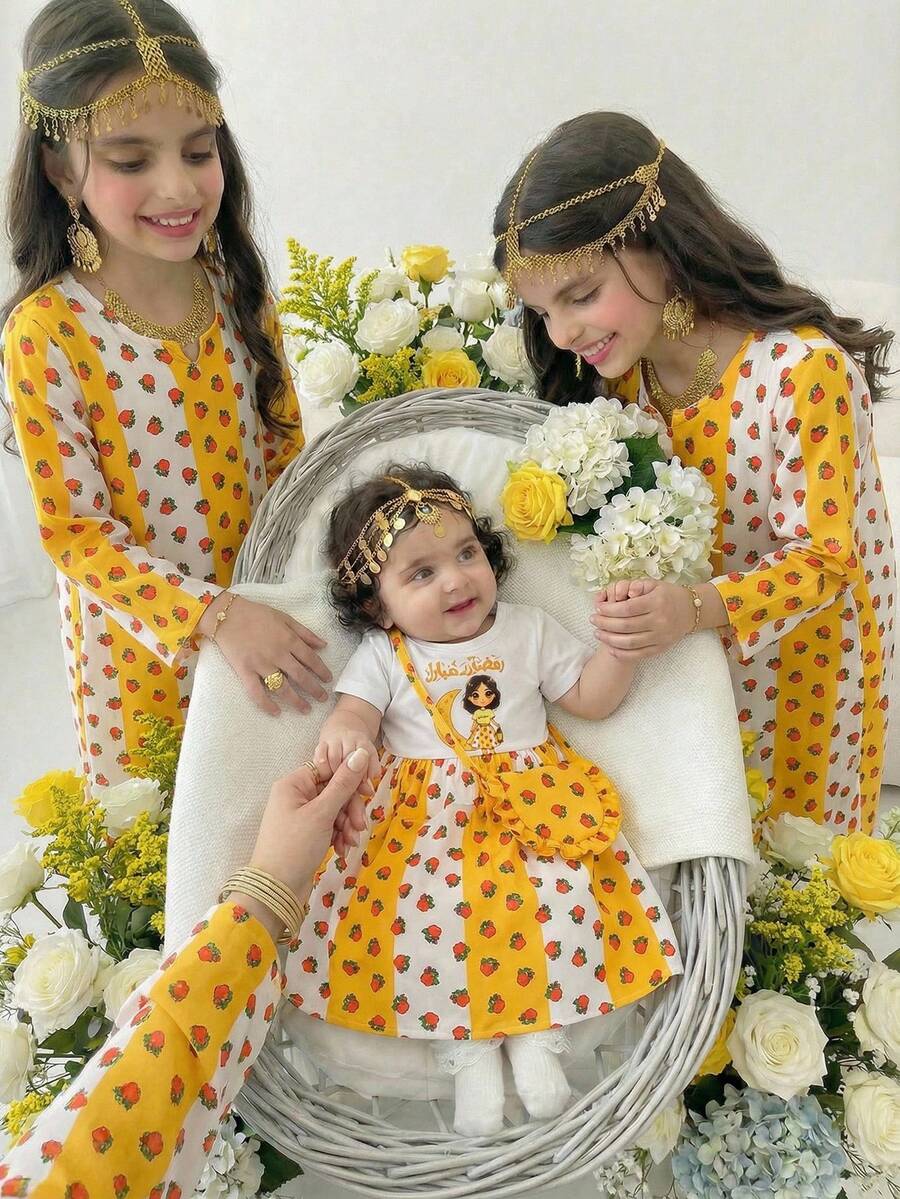 女婴复古撞色卡通印花短袖T恤套装 - 彩色 - 查看 1