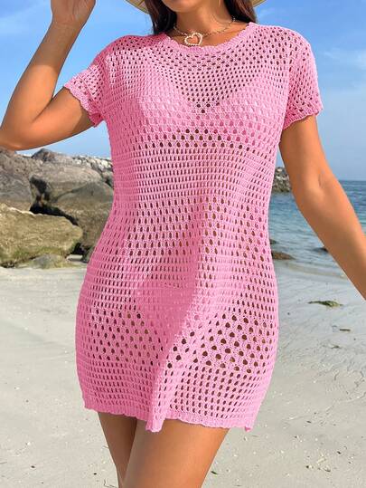 Swim Vcay Atuendos de verano para mujeres, Cubrecuerpo de playa de unicolor y calado de moda para el verano, Estilo de vacaciones de verano