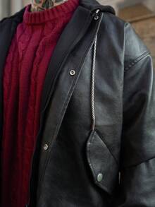 Artur Kramer Men's Long Sleeve Fashionable Casual Versatile Motorcycle Leather Jacket, Autumn/Winter - Black - View 3