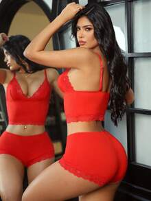 两件套浪漫蕾丝莫代尔面料内衣套装 - 紅色 - 查看 4