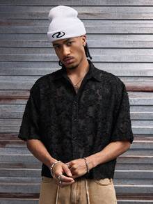 AXEPEAK Men's Cutout Short Sleeve Single-Breasted Loose Casual Shirt - Black - View 3