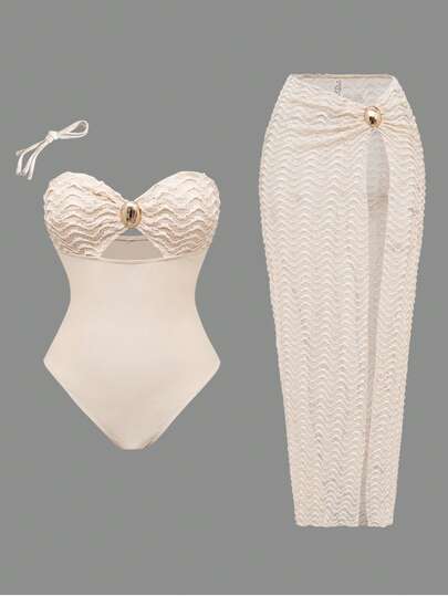 Swim Oasis 2pcs Women's Beach Outfit, Fashion & Cute, Suitable For Resort, Seaside, Yacht, Pool Party, Solid Color Textured Fabric, Metal Ball Decor Sexy One Piece Swimsuit And Textured Fabric Maxi Skirt Set