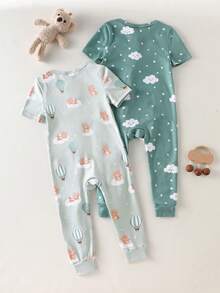 2件套婴儿/幼儿男童卡通云朵熊印花紧身短袖上衣和裤子套装，休闲舒适柔软弹力拉链睡衣，夏季 - 綠色 - 查看 2