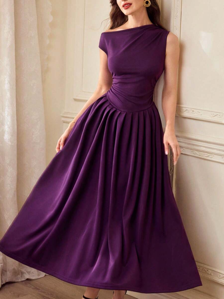 Vintamour 复古优雅女士连衣裙，带口袋，褶皱斜肩设计，休闲通勤、假日派对连衣裙，长款夏季连衣裙，女士夏季服装，夏季度假装扮，春季女装，春假装扮，春季服装，春季连衣裙，女士情人节装扮，情人节服装，情人节连衣裙，情人节连衣裙，优雅派对连衣裙，女士婚礼宾客连衣裙，女士优雅连衣裙 - 紫色 - 查看 1