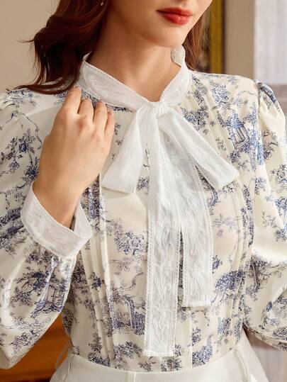 Vintamour Vintage Elegant Damblus Spets Rosett Snygg Blommig Plisserad Knapp Casual Kontor Semestertopp