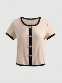 SHEIN Camiseta de manga corta elegante y casual con contraste de costilla para adolescentes - Caqui - Ver 7
