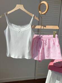 SHEIN Comfortcana 女士纯色撞色蕾丝蝴蝶结装饰吊带背心和条纹短裤休闲两件套 - 白色 - 查看 3