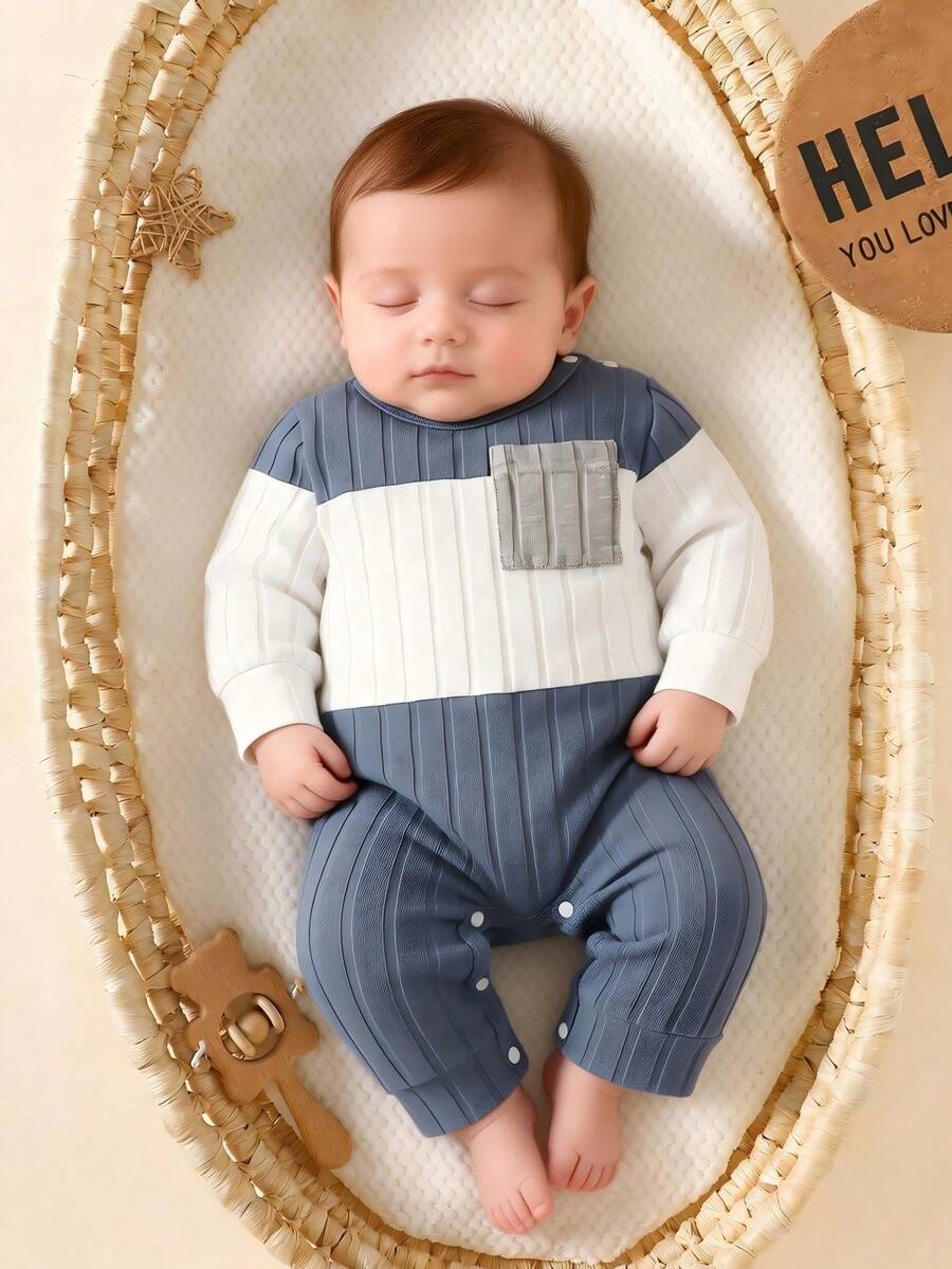 SHEIN Bộ đồ liền thân cổ tròn tay dài, nhiều màu, thoải mái, dáng rộng, dệt kim kẻ sọc, cài nút vai, phù hợp mặc trong nhà và ngoài trời cho bé trai từ 0-9 tháng tuổi, phù hợp cho mùa xuân/thu/đông - Màu xanh bụi bặm - Xem 1