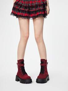 ROMWE Grunge Punk 女士暗黑摇滚朋克哥特系带机车靴，厚底踝靴，圣诞节情人节礼物 - 紅色布面 - 查看 3