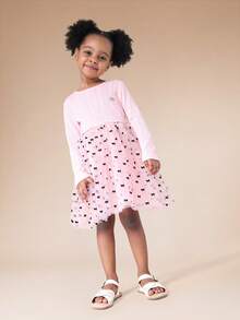 SUMWON Robe ajustée et évasée à manches longues avec jupe en tulle imprimé nœud pour jeunes filles, tenue décontractée pour le printemps et l'été, idéale pour les vacances - Rose bonbon - Voir 3