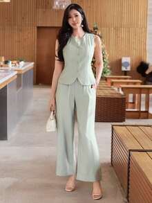 Bộ vest nữ màu trơn dáng thường ngày gồm áo blazer và quần ống rộng, thích hợp cho mùa xuân/hè, hoặc dự tiệc cưới. - màu xanh lá - Xem 4