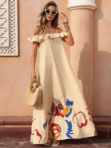 Selianne 女士杏色A字单肩无肩带印花连衣裙，适合海滩度假、下午茶等场合，春夏女士长款连衣裙 - 杏色 - 查看 3